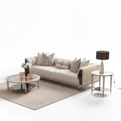 Divano a tre posti, tavolini da caffè a tre posti in tessuto beige - Set di 3 pezzi.