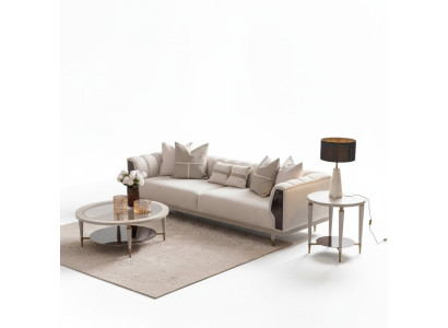 Divano a tre posti, tavolini da caffè a tre posti in tessuto beige - Set di 3 pezzi.