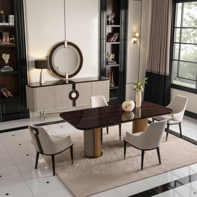 Zona pranzo Sala da pranzo Gruppo di sedie da pranzo Tavolo da pranzo di lusso Sedie Beige Legno Set 9 pezzi