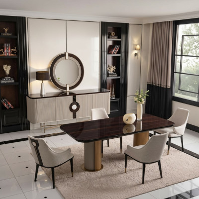 Gruppo da pranzo di lusso Sala da pranzo Tavolo da pranzo Angolo cottura Sedie Beige Legno Set 7pz