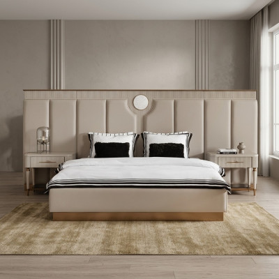 Imposta camera da letto matrimoniale con letto matrimoniale, comodini - 3 pezzi in tessuto beige.