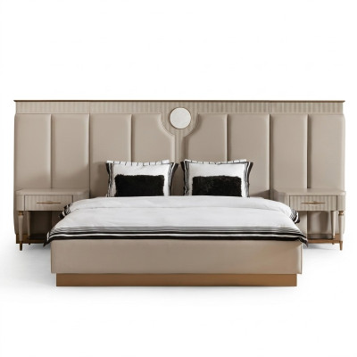 Imposta camera da letto matrimoniale con letto matrimoniale, comodini - 3 pezzi in tessuto beige.