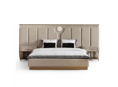 Imposta camera da letto matrimoniale con letto matrimoniale, comodini - 3 pezzi in tessuto beige.