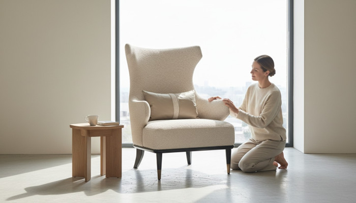 Lussuosa poltrona moderna ad un posto in stile orecchione in tessuto beige per il soggiorno moderno.