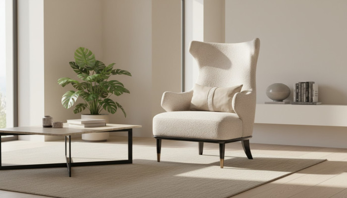 Lussuosa poltrona moderna ad un posto in stile orecchione in tessuto beige per il soggiorno moderno.