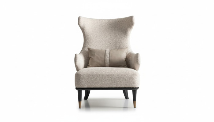 Lussuosa poltrona moderna ad un posto in stile orecchione in tessuto beige per il soggiorno moderno.