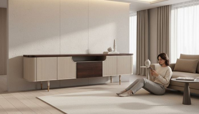 Mobile porta TV RTV basso in legno color beige, tavolino moderno per soggiorno.