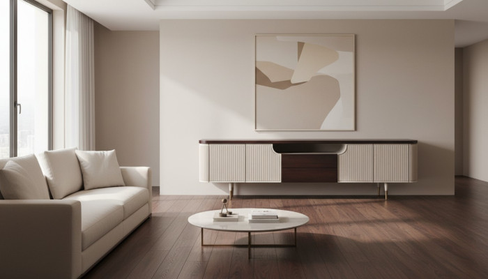 Mobile porta TV RTV basso in legno color beige, tavolino moderno per soggiorno.