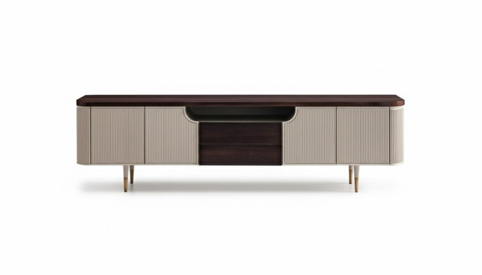Mobile porta TV RTV basso in legno color beige, tavolino moderno per soggiorno.