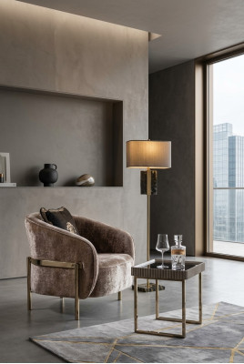 Set da soggiorno completo: poltrona, tavolino, poltrona con schienale alto in tessuto beige
