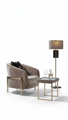 Set da soggiorno completo: poltrona, tavolino, poltrona con schienale alto in tessuto beige