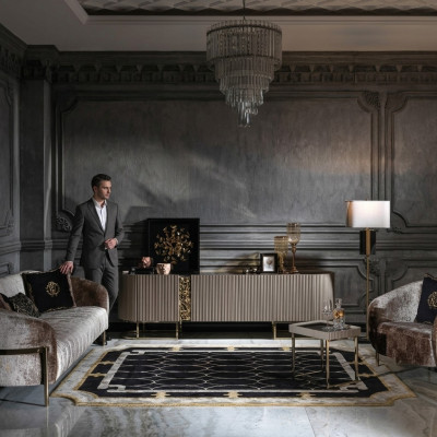 Divano a tre posti, poltrona, divano in tessuto beige, tavolino per TV, set da 4 pezzi