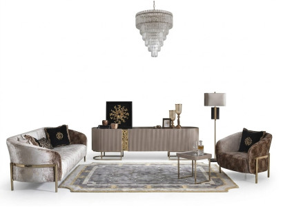 Divano a tre posti, poltrona, divano in tessuto beige, tavolino per TV, set da 4 pezzi