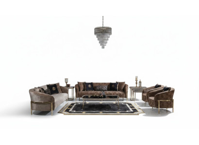 Grande set di divani Set di divani a tre posti Poltrona Beige Tessuto Tavoli 5 pezzi