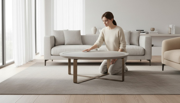 Tavolino moderno da salotto in metallo beige.
