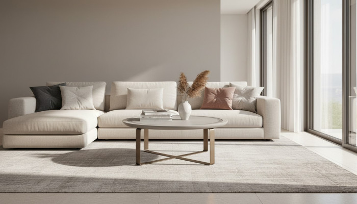 Tavolino moderno da salotto in metallo beige.