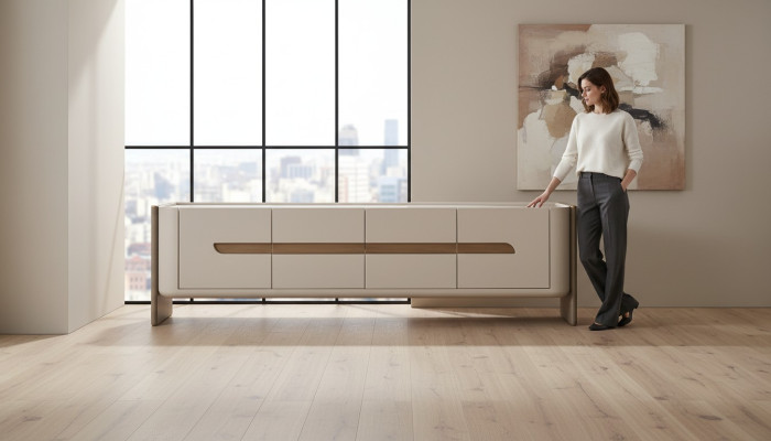 Mobile porta TV basso Beige in legno Armadio moderno per soggiorno.
