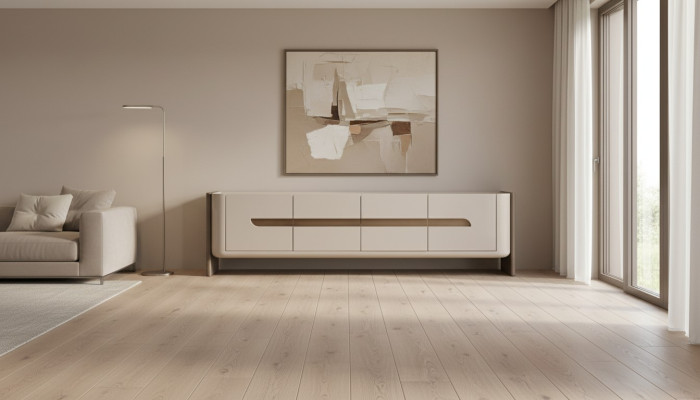 Mobile porta TV basso Beige in legno Armadio moderno per soggiorno.