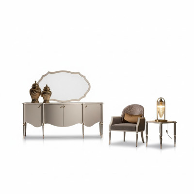Soggiorno set 4 pezzi poltrona tavolino credenza specchio beige