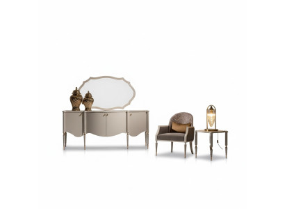 Soggiorno set 4 pezzi poltrona tavolino credenza specchio beige