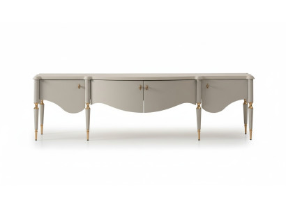 Mobile porta TV basso beige in legno per salotto.