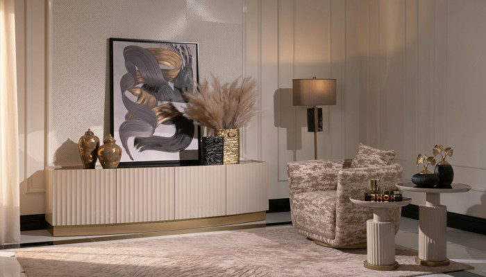 Soggiorno Completo Set 4 pezzi Poltrone, Credenza, Tavolini Beige