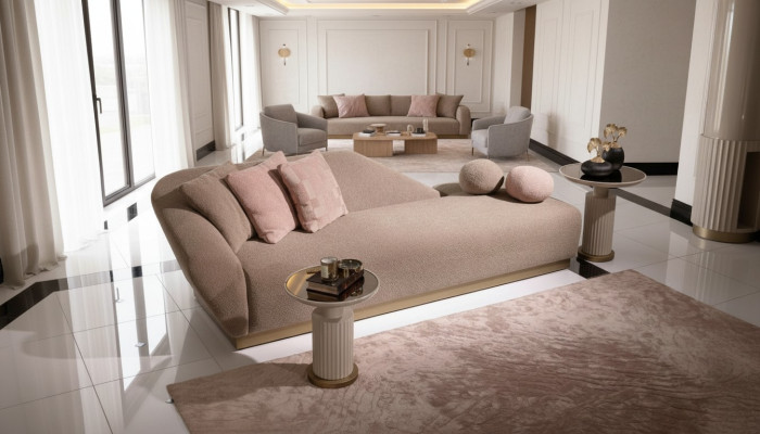 Chaise longue, lettino reclinabile, poltrona sdraio, divano beige moderno in tessuto imbottito