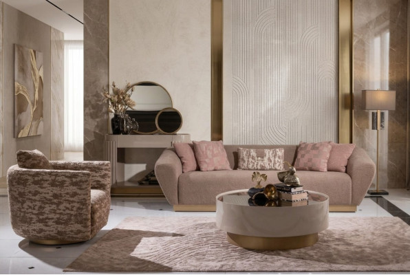 Divano in tessuto Set divano 3 posti Poltrona Tavolino in tessuto beige 3 pezzi