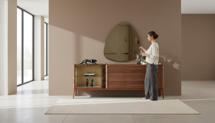 Mobile con specchio credenza mobiletto in legno marrone cassettiera design