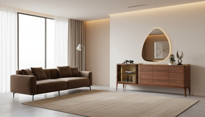 Mobile con specchio credenza mobiletto in legno marrone cassettiera design
