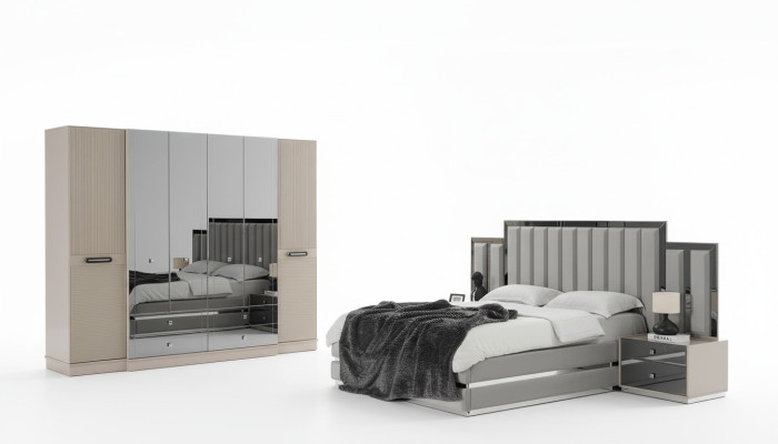 Camera da letto completa Letto matrimoniale Comodini 4 pezzi Grigio Armadio