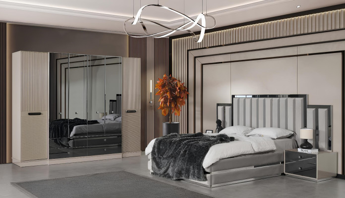 Set da camera da letto matrimoniale con letto e comodini grigi, armadio  Set da camera da letto matrimoniale con letto e comodini grigi, armadio