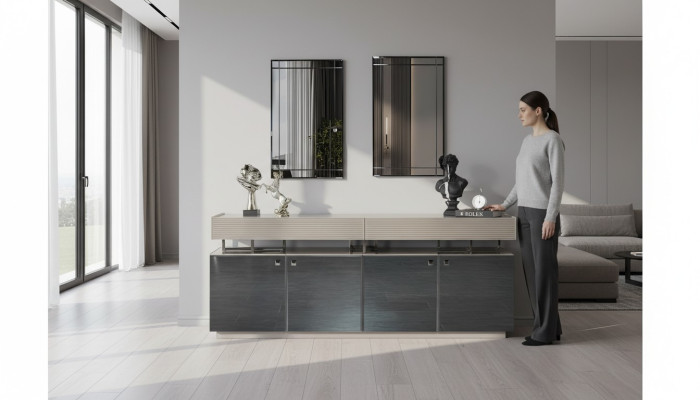 Mobile con specchio, set da credenza, armadio moderno cassettiera grigia.