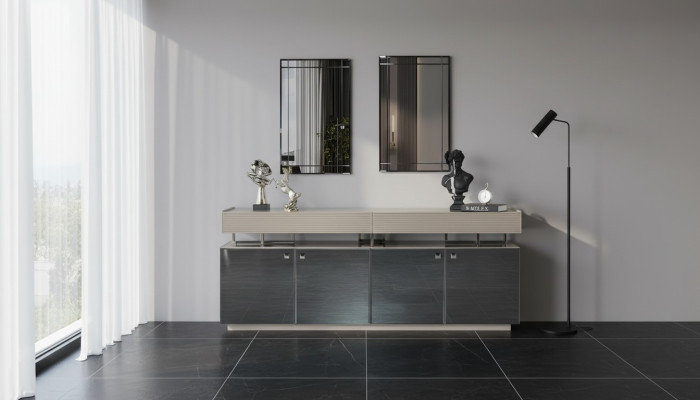Mobile con specchio, set da credenza, armadio moderno cassettiera grigia.