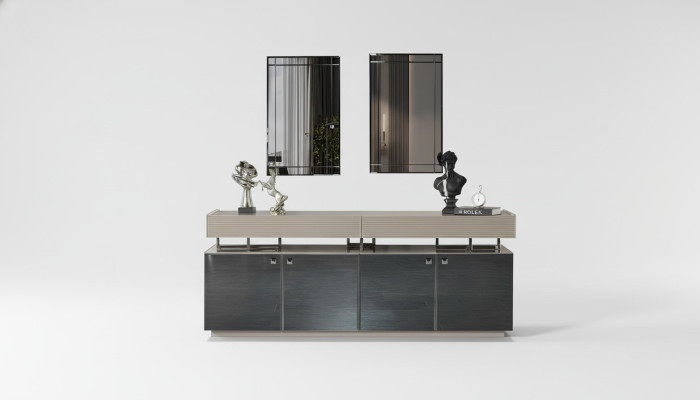 Mobile con specchio, set da credenza, armadio moderno cassettiera grigia.