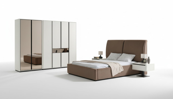 Camera da letto set di mobili letto matrimoniale comodini 4 pezzi beige armadio