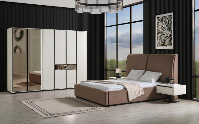 Mobili da camera da letto, set da camera da letto, letto matrimoniale, letto, comodini 3 pezzi beige.