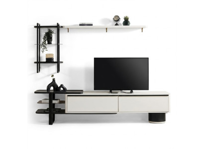 Mobile TV moderno in legno bianco con mensole per soggiorno.