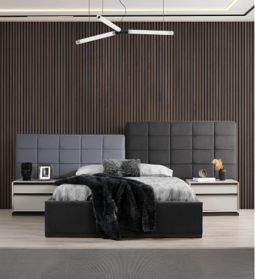 Composizione camera da letto matrimoniale grigia con letto, comodini, armadietto - 4 pezzi.