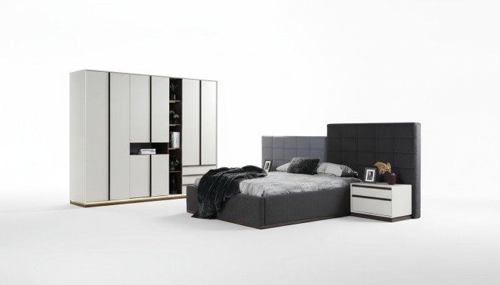 Composizione camera da letto matrimoniale grigia con letto, comodini, armadietto - 4 pezzi.