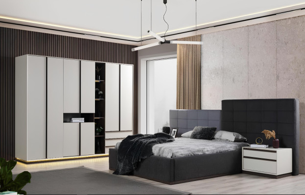 Camera da letto set matrimoniale letto comodini 3 pezzi Grigio Moderno
