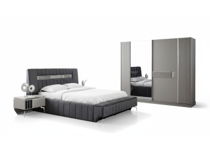 Set da camera da letto con letto matrimoniale, comodini 4 pezzi grigio armadio