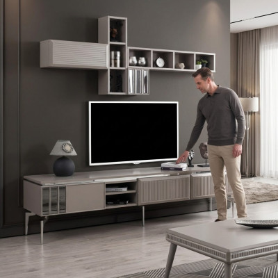 Mobile porta TV a basso Mobile comò Scaffali Supporto TV Armadio Legno Grigio Soggiorno
