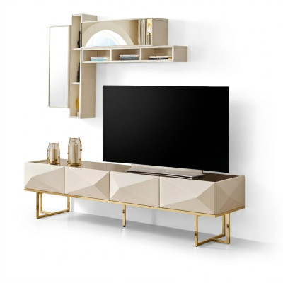 Mobile TV basso in legno beige con ripiani per la parete del soggiorno.