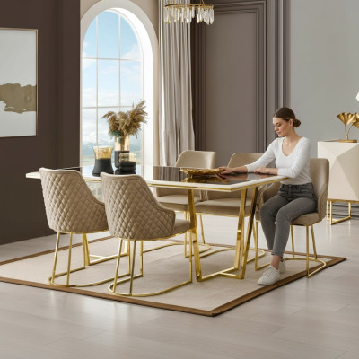 Gruppo di pranzo moderno Set da pranzo di lusso Tavolo da pranzo Sedie da pranzo 7 pezzi Beige Oro