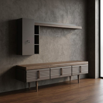 Mobile porta tv grigio in legno con parete attrezzata, credenza e ripiani.