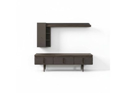 Mobile porta tv grigio in legno con parete attrezzata, credenza e ripiani.