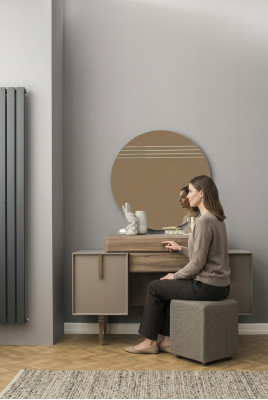 Tavolo da toeletta Console Pouf Comò in legno grigio con specchio Imposta