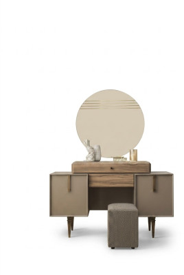 Tavolo da toeletta Console Pouf Comò in legno grigio con specchio Imposta