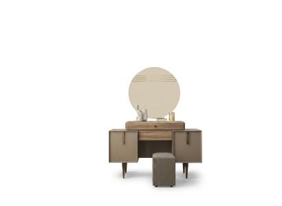 Tavolo da toeletta Console Pouf Comò in legno grigio con specchio Imposta